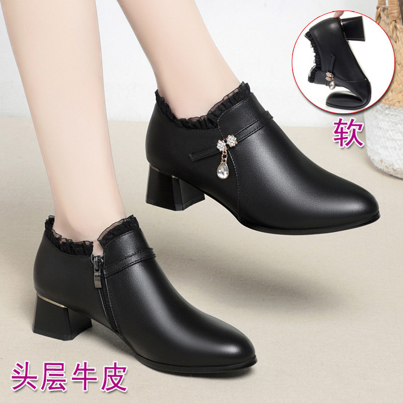 中年女士皮鞋女款走秀高跟鞋单鞋真皮秋季女鞋子妈妈舞鞋蕾丝短靴,女鞋,深口单鞋,淘宝优惠券,粉丝福利购,淘宝优惠卷