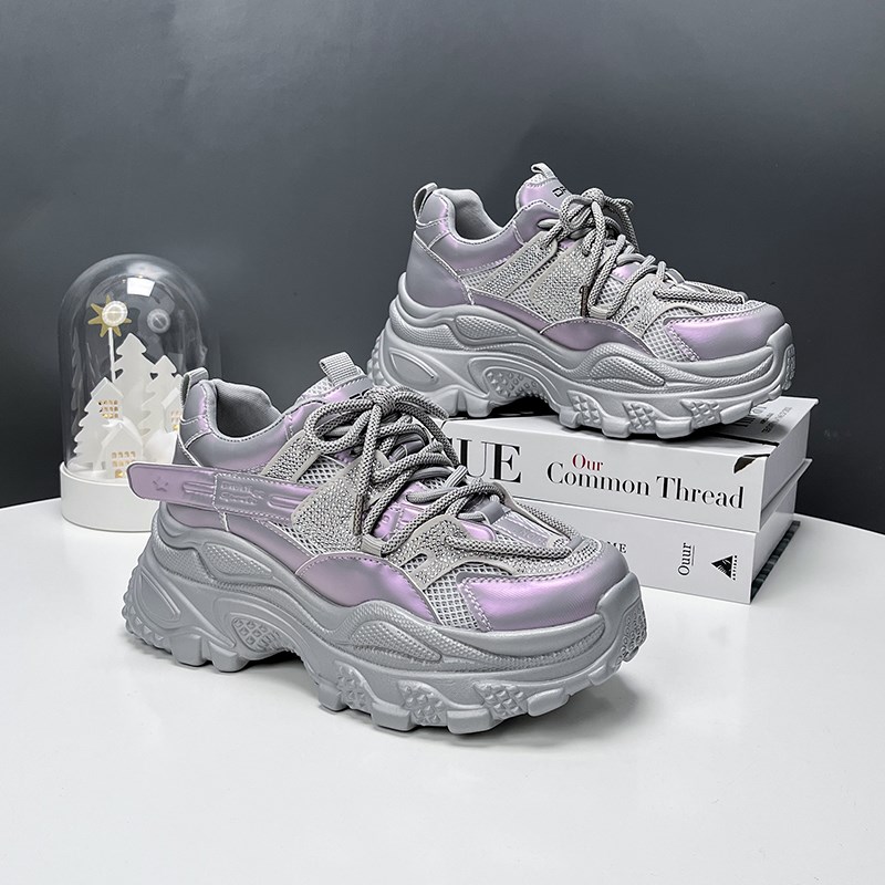 夏季新款真皮单网透气老爹鞋女厚底增高时尚炫彩薄款X休闲运动网