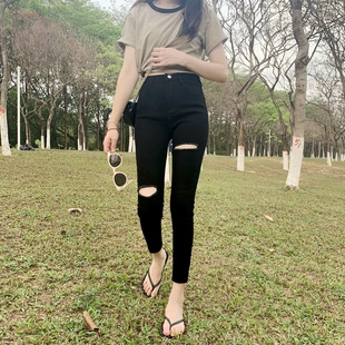 破洞牛仔裤女2021新款秋冬黑色高街学生矮小个子显高九分小脚裤子
