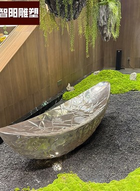 玻璃钢不锈钢船型水钵摆件售楼处酒店大堂会所景月亮落地轻奢雕塑