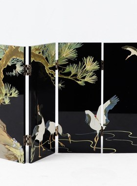 新中式花鸟仙鹤装饰画电视u柜摆件复古玄关柜边柜可折叠屏风小摆