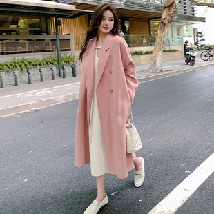 粉色双面羊绒呢大衣女2024秋冬新款韩版宽松中长款赫本风毛呢外套