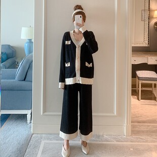 孕妇装套装春秋款时尚洋气开衫冰丝针织套装孕期阔腿裤开衫两件套