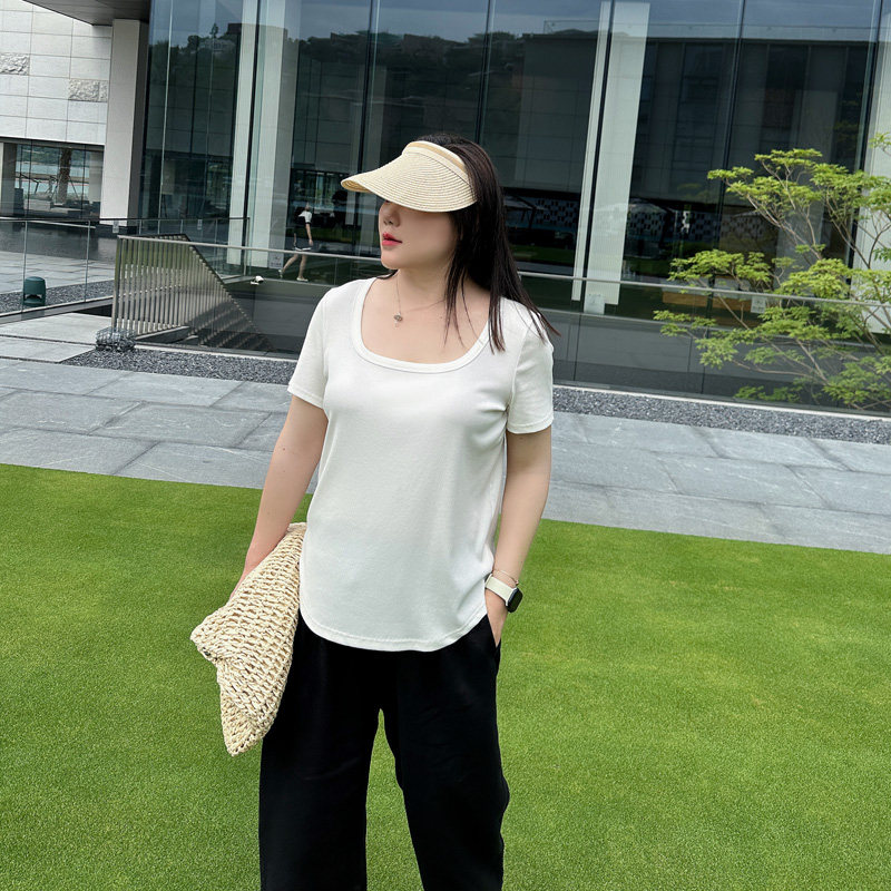 百搭u领冰丝T恤正肩大码女装夏季新款胖妹妹mm修身显瘦短袖上衣