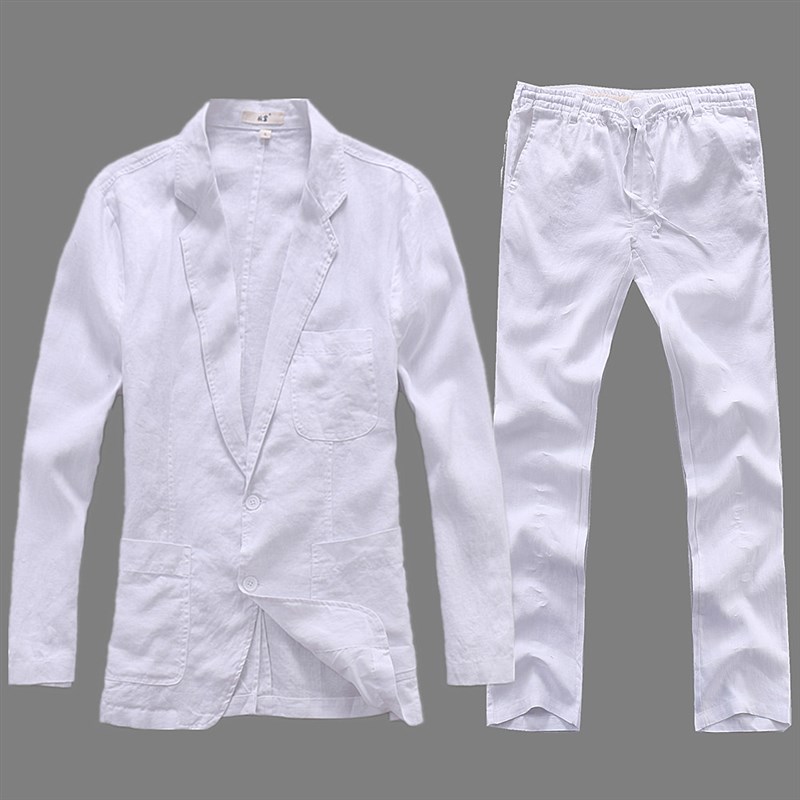 亚麻西服a套装男夏季修身两件套棉麻薄款休闲西装男春秋大码男装