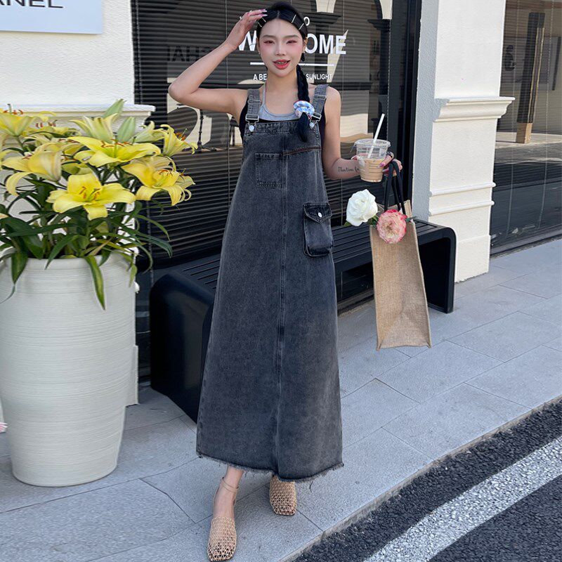 复古灰色牛仔背带裙女2025春季新款宽松显瘦后开叉中长款吊带裙子