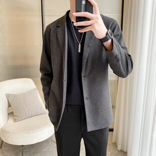 毛呢休闲西装男士套装修身韩版帅气秋冬季呢子小T西服外套上衣潮