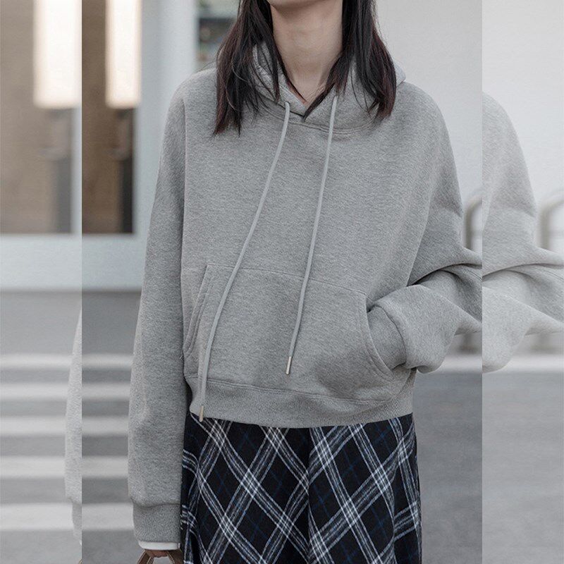 灰色连帽短款加绒卫衣女小个子秋冬2024新款爆款套头宽松长袖上衣 · 丫丫淘宝网