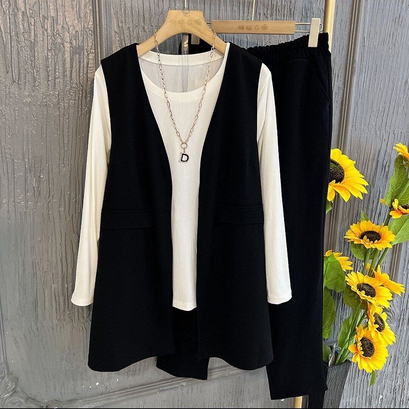 胖妹妹2023秋季新款大码女装宽松简约马甲弹力小衫显瘦裤子三件套,女装/女士精品,大码套装,淘宝优惠券,粉丝福利购,淘宝优惠卷