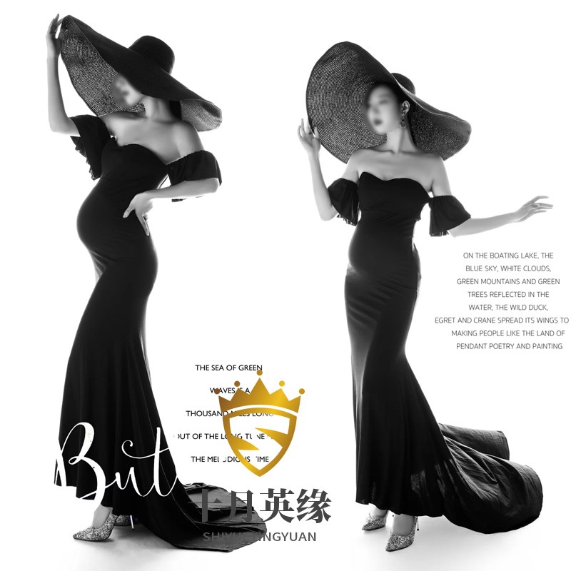 影楼孕妇照服装黑色超显瘦露肩艺术照影楼拍照摄影连衣裙丝绒礼服