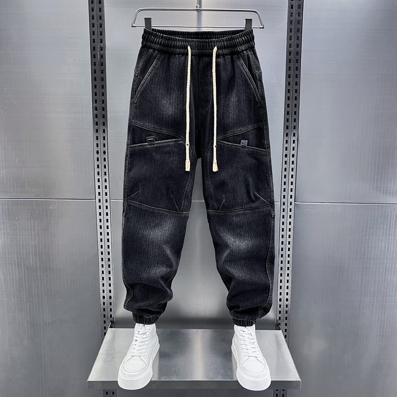 冬季新款加绒牛仔裤男士潮流宽松个性大口袋M束脚裤百搭加厚哈伦
