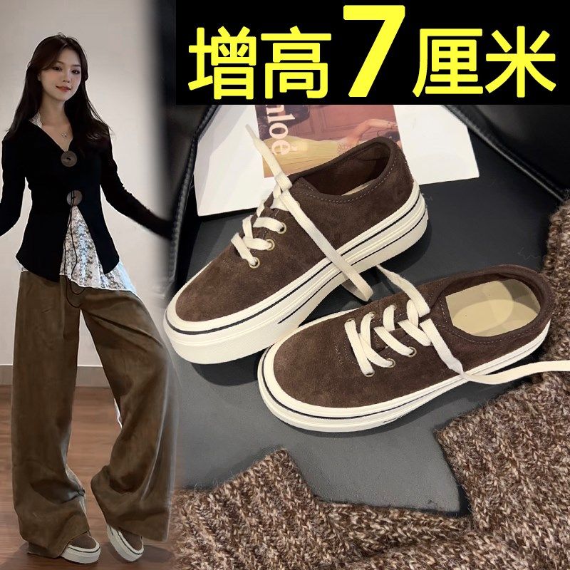 厚底帆布鞋c女2024春秋新款复古内增高百搭休闲板鞋一脚蹬平底布