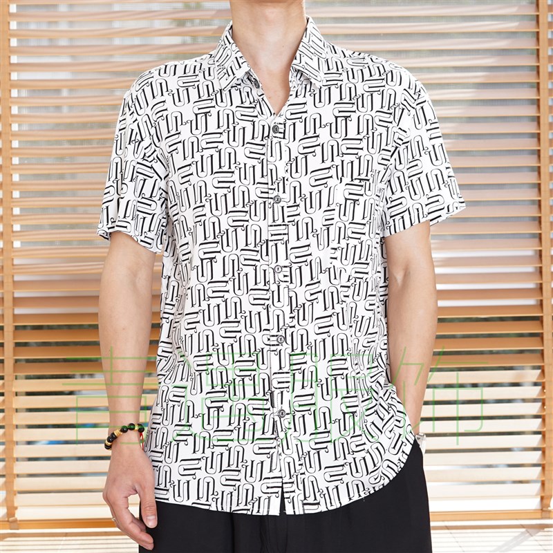 凉爽中老年人男夏季装人造棉短袖花衬衫棉绸男士翻领中年爸爸上衣