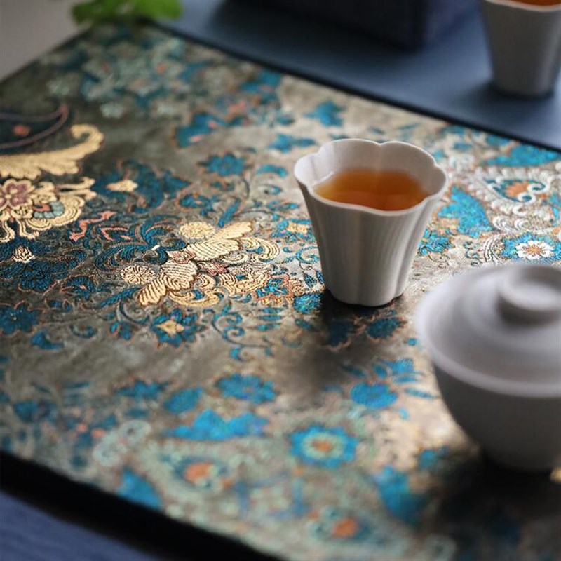 西阵织茶席织锦茶垫真丝茶几垫茶艺礼品精L致织金织银茶旗正绢桌