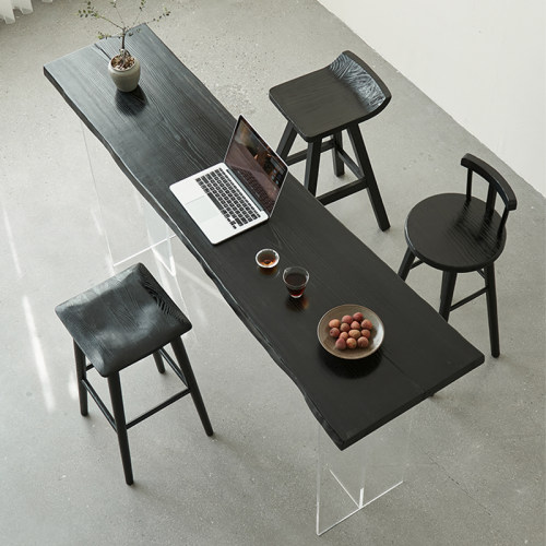 侘寂风黑色原木吧台桌碳化白蜡木桌子家用悬浮桌实木高脚桌椅组合