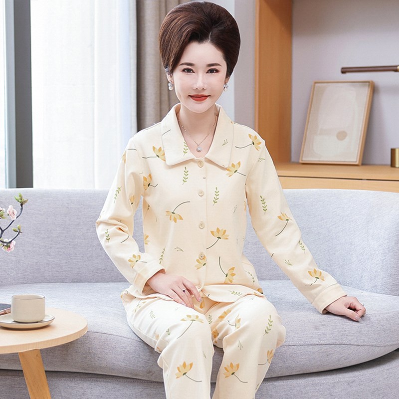 中年妈妈睡衣春X秋款纯棉长袖妇女士家居服秋冬季薄款全棉休闲大