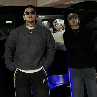 白鹤大人美式休闲纯色简约基础款圆领毛衣男女秋冬宽松百搭针织衫