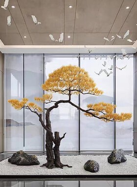 新中式酒店机场售楼处金属迎客松摆件公司玄关开业送X礼装饰树雕