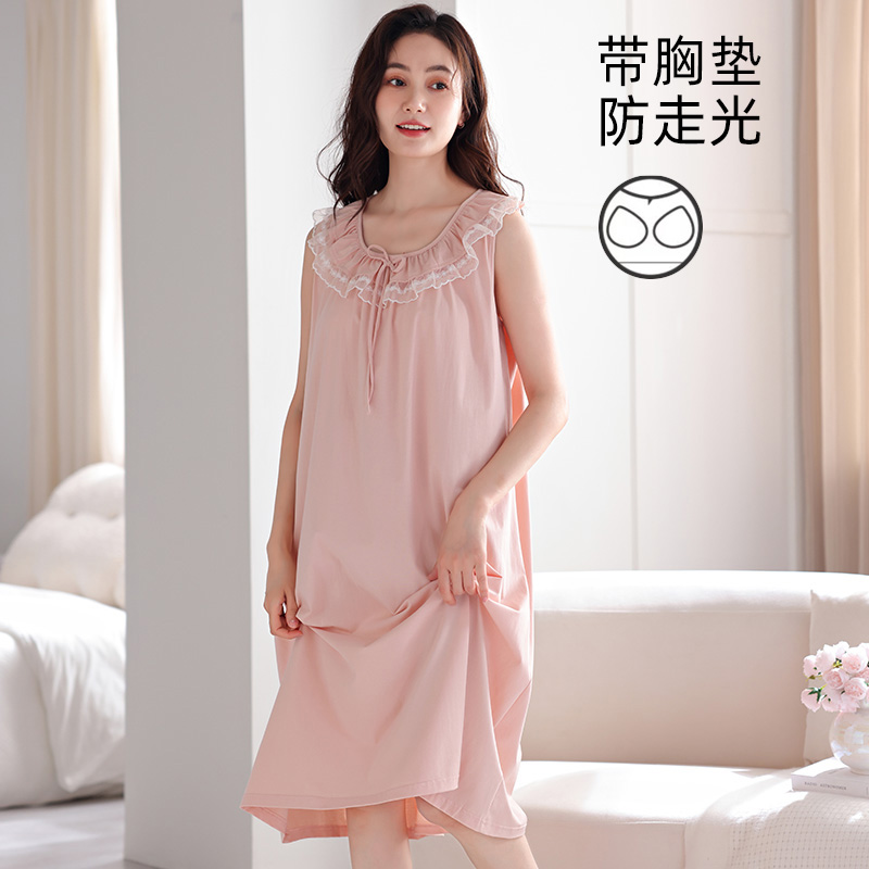 睡裙女款夏季纯棉背心带胸垫一体连衣裙中长款大码夏天睡衣家居服