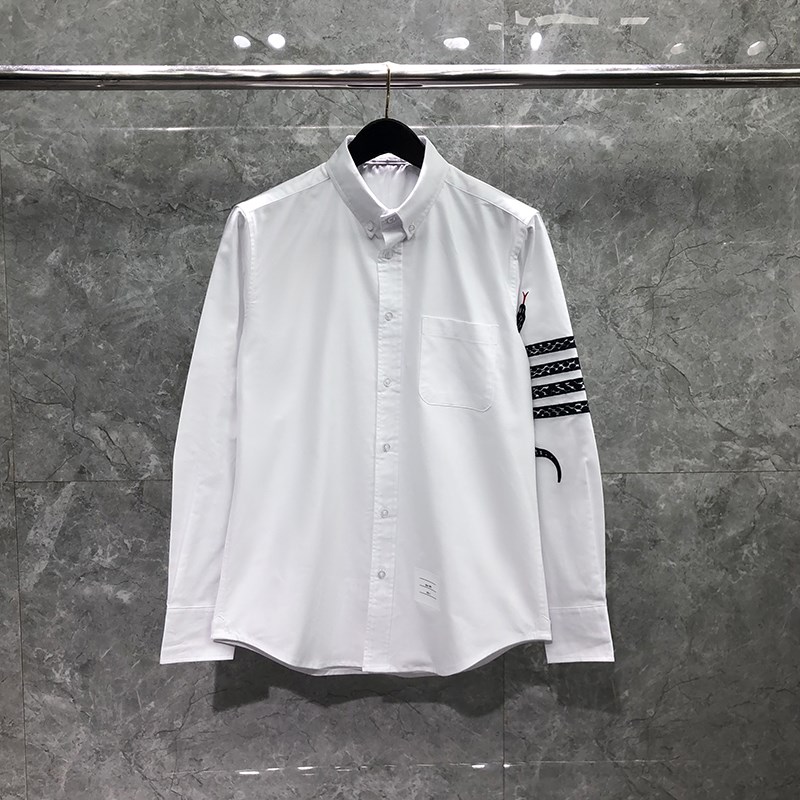 TB长袖衬衫男新款韩版修身蛇年款蛇纹刺绣牛津纺白色条纹休闲衬衣