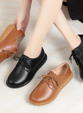久站不累c工作鞋女黑色系带平底小皮鞋真皮软底防滑妈妈鞋舒适女