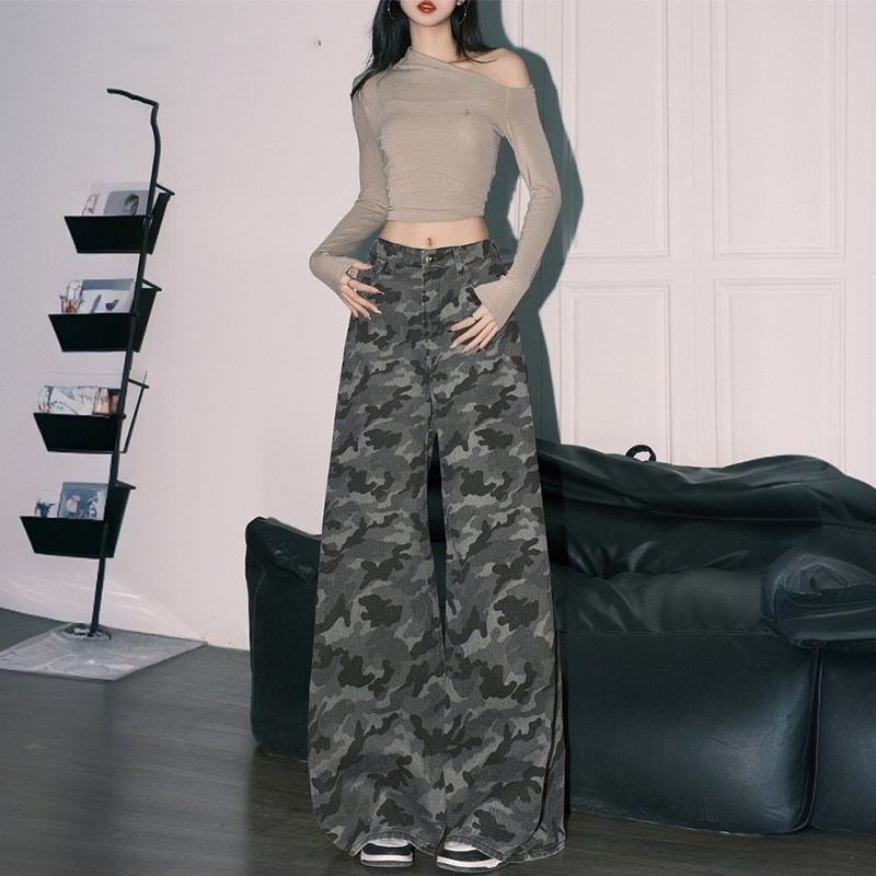 大码胖mm高腰显瘦阔腿牛仔裤女美式街头甜辣设计感迷彩工装阔腿裤