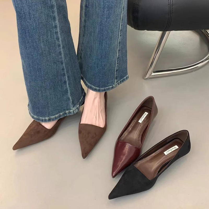 法式复古绒面尖头单鞋女2024新款气质百搭细跟高跟鞋子通勤鞋矮跟