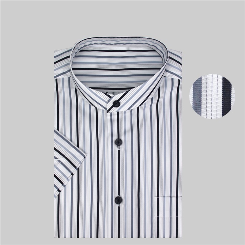高支纱棉纯棉免烫条纹立领圆领中年短袖衬衫 男士商务立领夏半袖