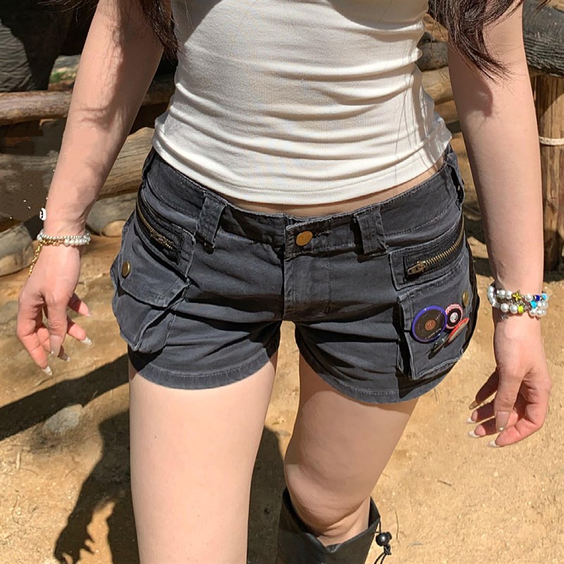 大码美式复古工装口袋牛仔短裤女夏季新款辣妹百搭显瘦a字热裤潮