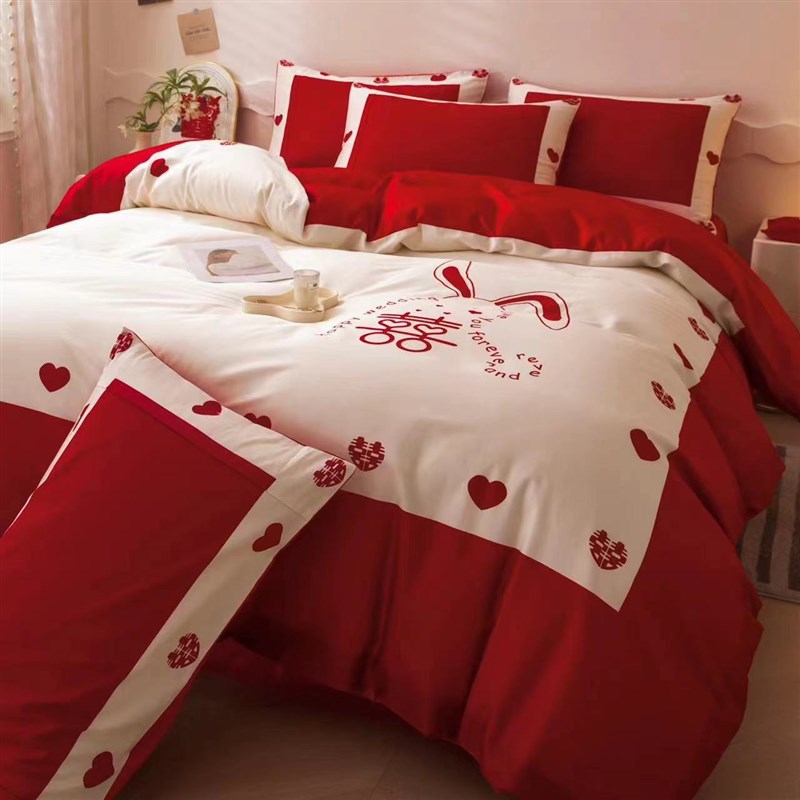 高档陪嫁结婚四件套红色床单被套全棉纯棉婚庆床上用品新婚房喜被