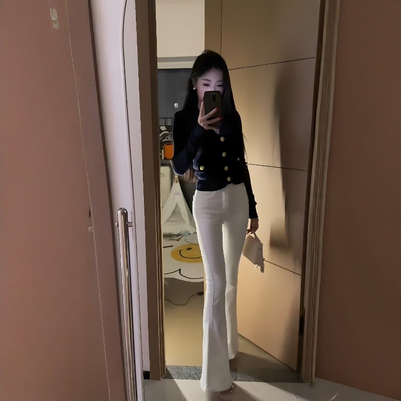 白色微喇叭牛仔裤女2025年春夏新款高腰弹力气质百搭休闲拖地长裤