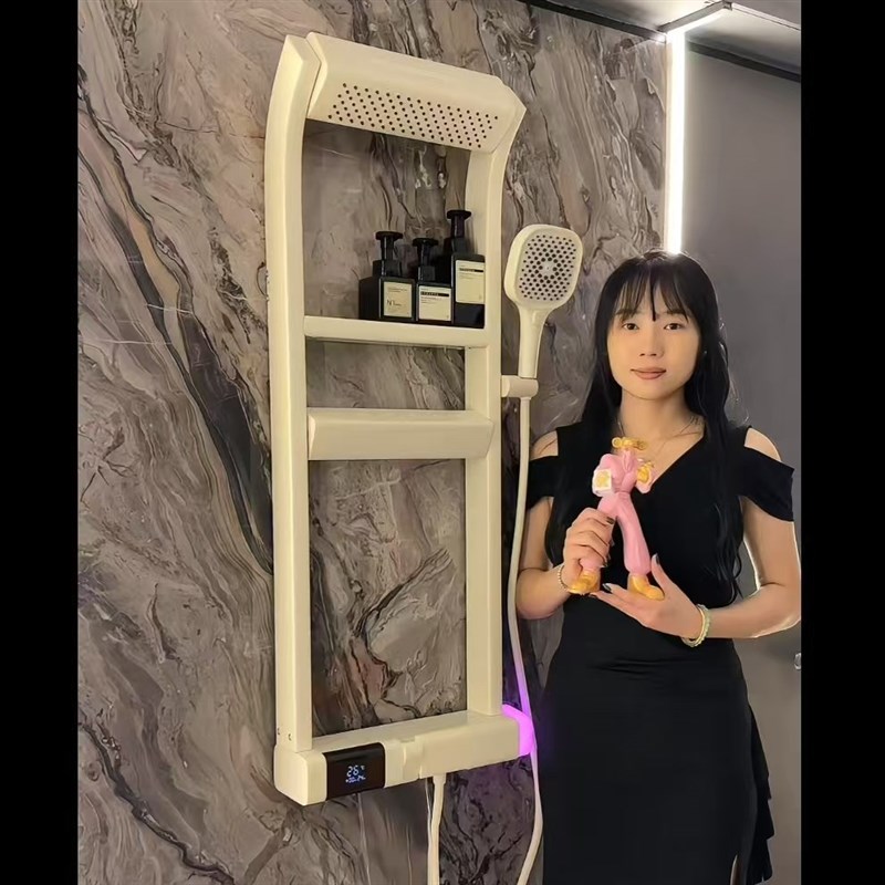 奶白色全铜数显花洒套装网红钢琴键置物架家用浴室增压沐浴雨淋木