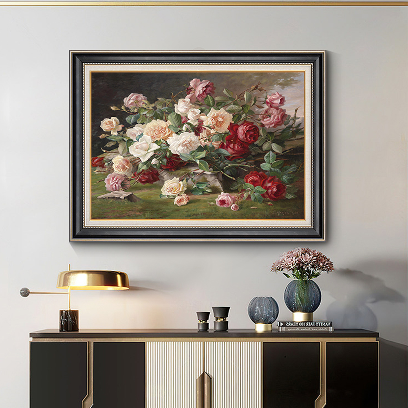 美式复古装饰画客厅花卉油画横幅玄关挂画卧室简美风壁画餐厅墙画