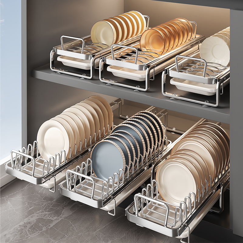 厨房不锈钢抽拉碗碟收纳架碗盘橱柜抽屉内K置放碗筷沥水拉篮置物