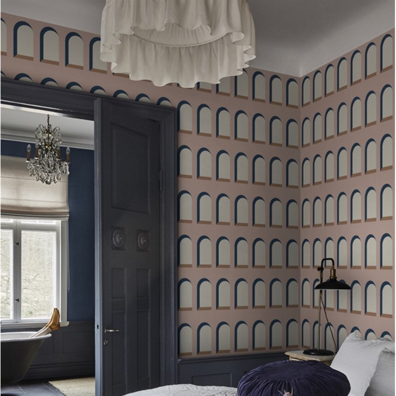 北欧几何墙纸电 视背景墙布粉色蓝色撞色拱形门美式壁纸简美轻奢
