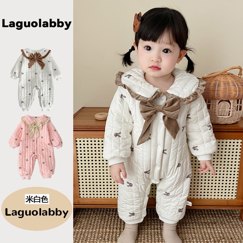 韩版婴儿衣服秋冬l装女宝宝夹棉加绒棉衣连体衣公主外套爬服包屁