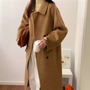 高端韩版双面羊绒大衣女中长款秋冬新款人字纹双排扣羊毛呢子外套