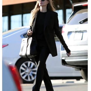 女士外贸早春新款黑色三醋酸混纺松弛感珠边包扣饰阔腿裤西装套装