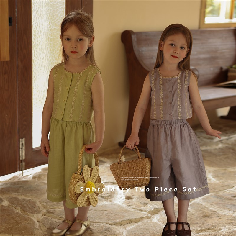 女童小众复古气质纯亚麻背心中裤套装宝宝夏季Q洋气上衣裤子两件