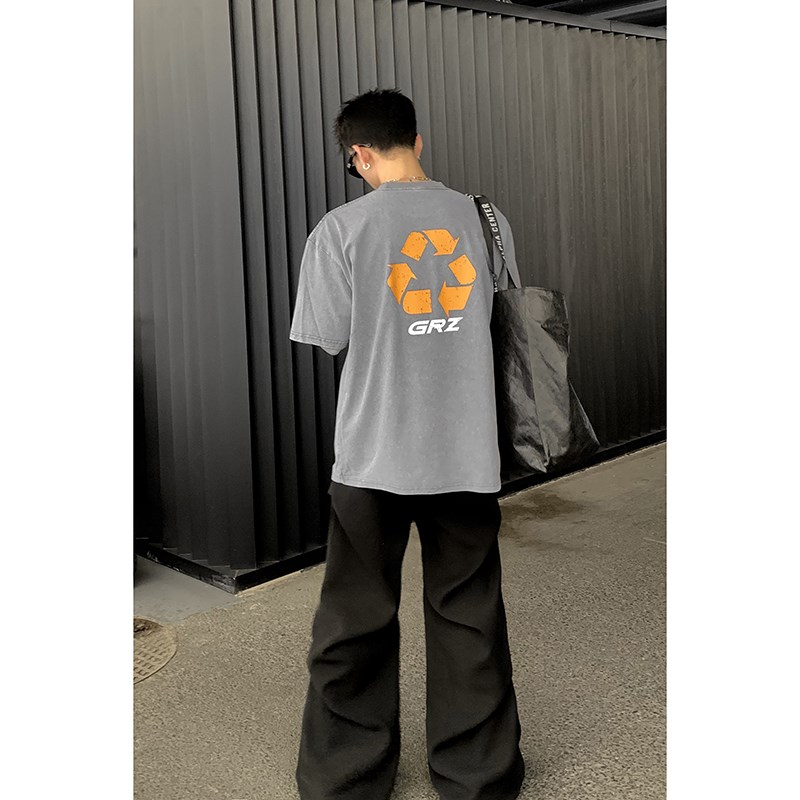 PLTH*2024新品水洗做旧复古纯棉宽松版型美式休闲撞色印花T恤男女