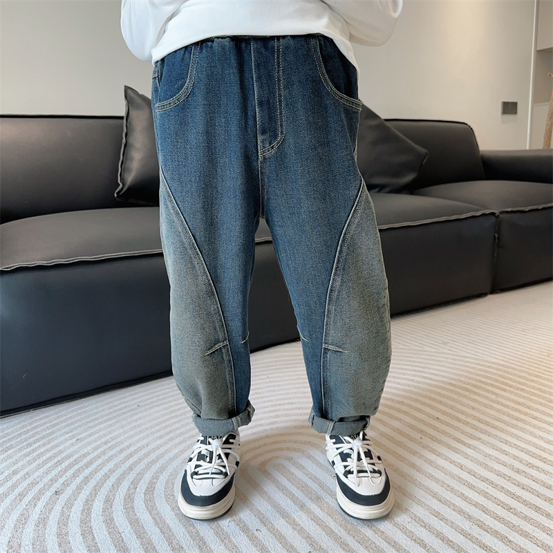 男童秋装牛仔裤2024新款潮酷儿童拼接裤子中小R童时髦宽松长裤春