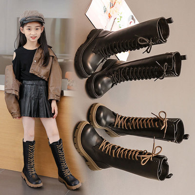 女童靴子中长筒马丁靴2023网红新款包鞋秋冬儿童高筒W加绒二棉皮