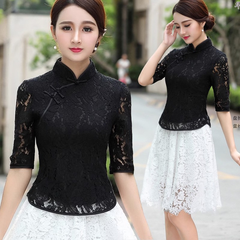 2025夏季蕾丝旗袍两件套纯黑色镂空修身中国风复古民国风短款盘扣