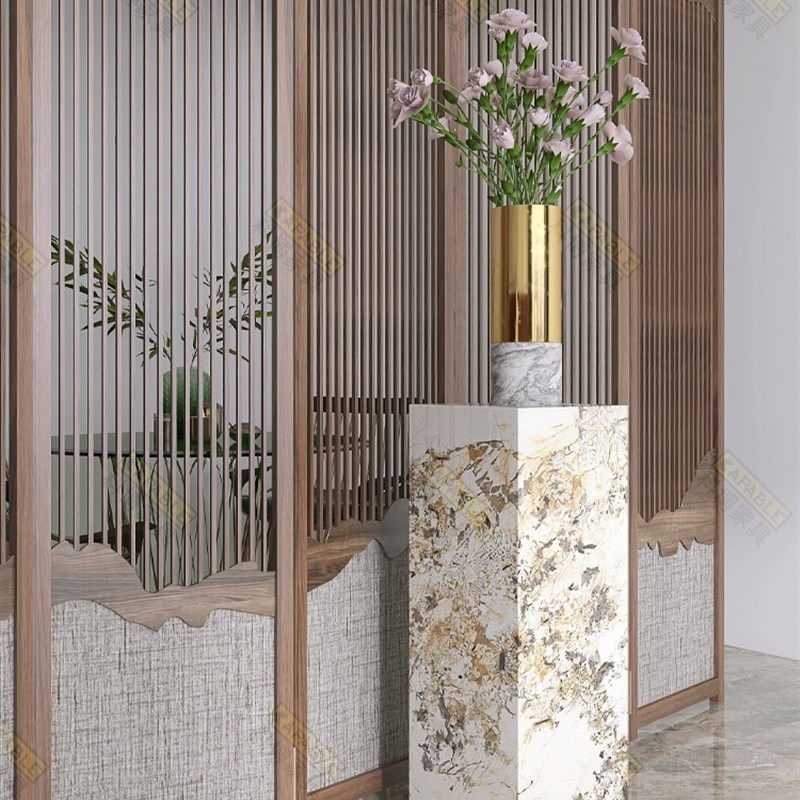 客厅落地大摆件岩板花架雕塑摆台高端软装饰立石柱大理石底座基座