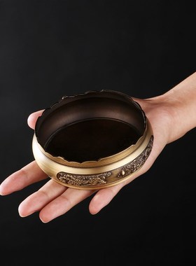 黄铜铜缸底座两用烟灰缸大号聚宝盆山水底座金属座架复古做旧