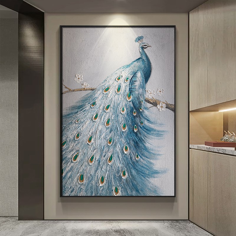 手绘孔雀沙发背景墙挂画立体肌理壁画高级感动物装饰画客厅落地画图片
