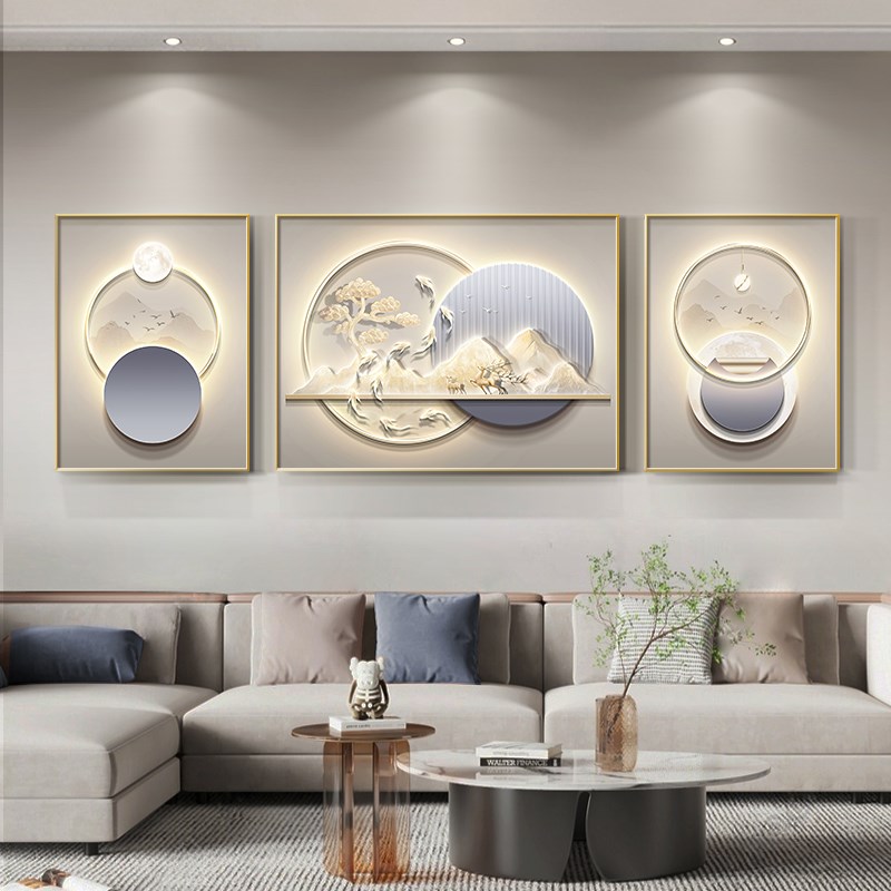 九鱼图客厅装饰画现代轻奢麋鹿沙发背景墙挂画大气几何抽象三联画图片