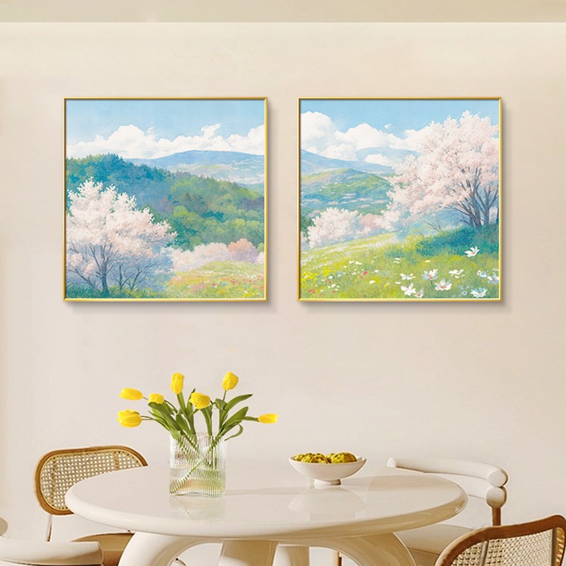 奶油风餐厅装饰画花卉客厅挂画手绘油画风景饭厅餐桌背景墙面壁画图片