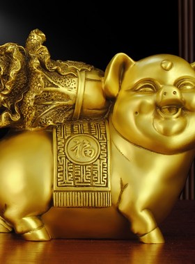 铜猪摆件纯铜金猪背白菜招财猪西北补角生肖猪汽车装饰品客厅卧室