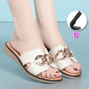 女鞋 拖鞋 拖软底一字拖大码 外出鞋 女夏外穿真皮坡跟平底女士凉拖鞋